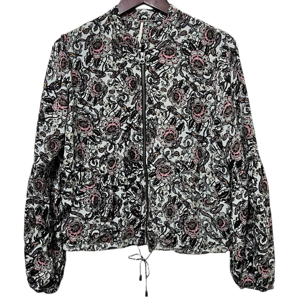 FREE PEOPLE Floral Soft Print Lined Balloon Sleeve Bomber Jacket Boho Preppy XS - Picture 1 of 9